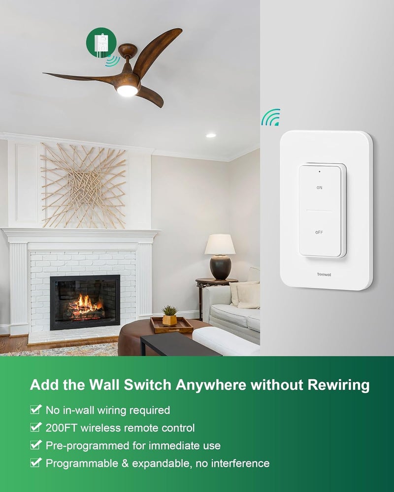 treewell Wireless Light Switch and Receiver Kit, 200FT RF Range Remote Control Light Switch, No Rewiring, No Interference, Wireless Wall Switch for Ceiling Light, Fans, Lamps, Pre-Programmed - Image 2